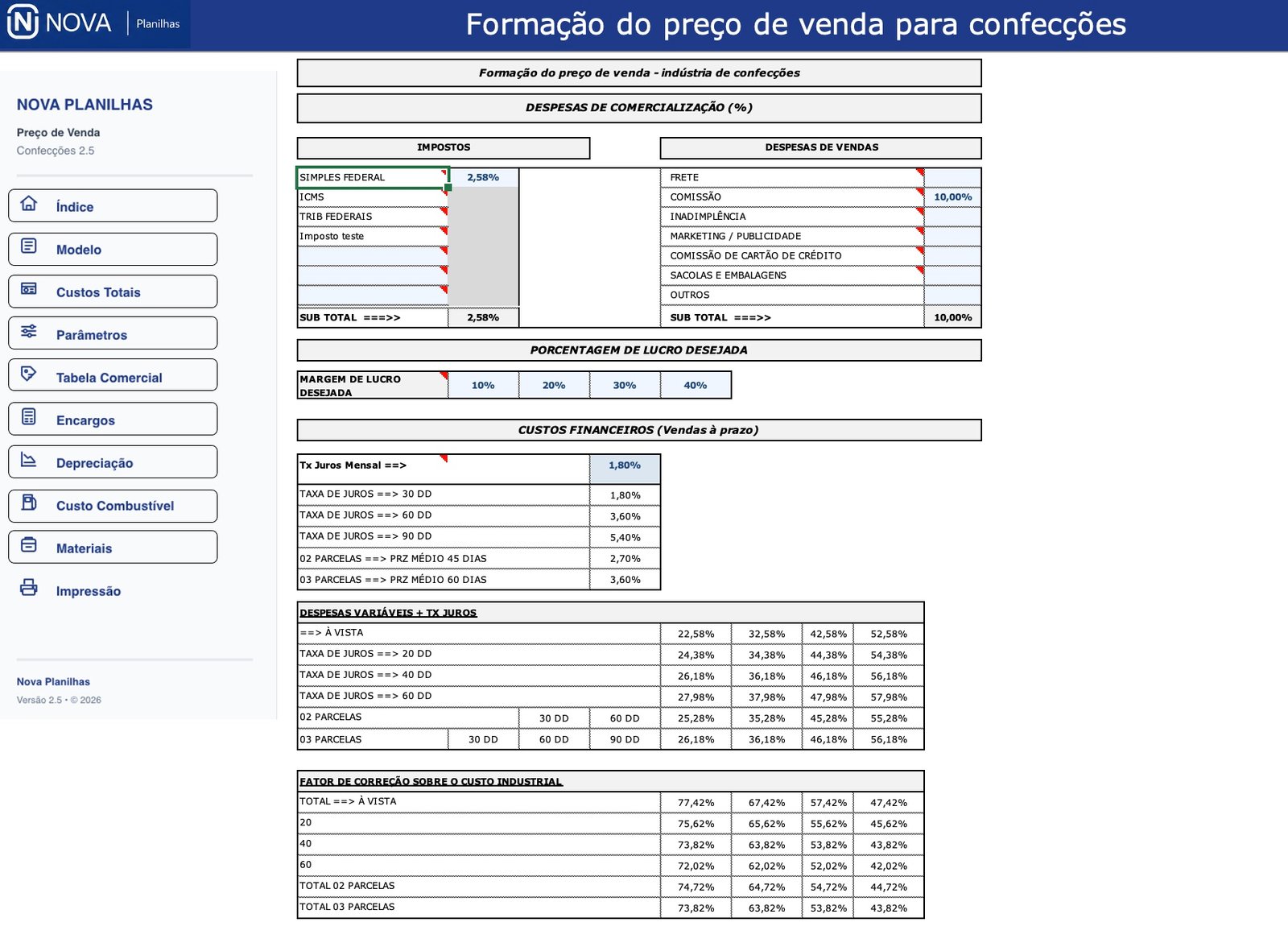 Tabela Comercial — Preço de Venda para Confecções