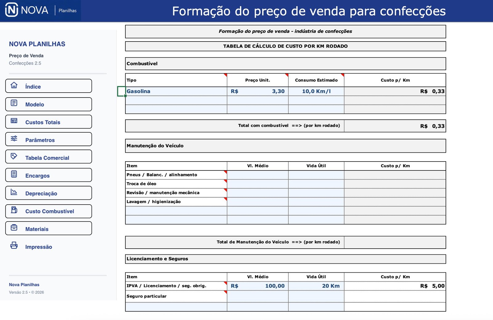 Combustível — Preço de Venda para Confecções