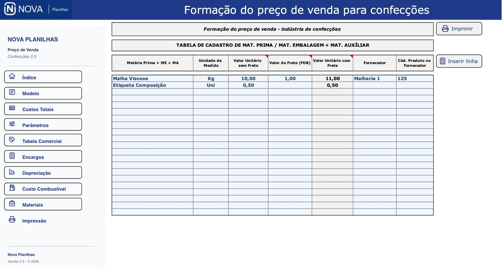Materiais — Preço de Venda para Confecções
