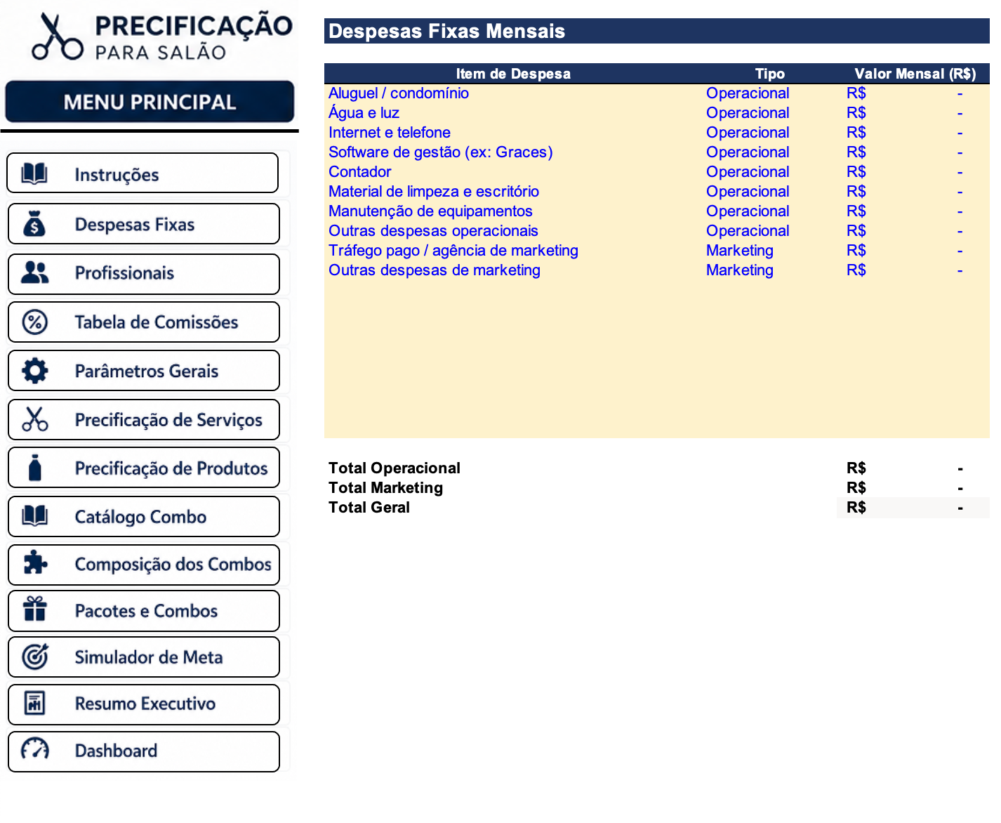 Despesas Fixas — Precificação para Salão e Barbearia