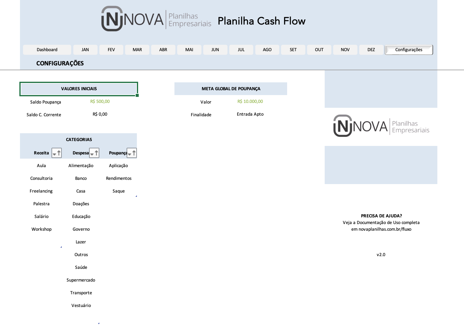 Configurações — Cash Flow Nova Planilhas