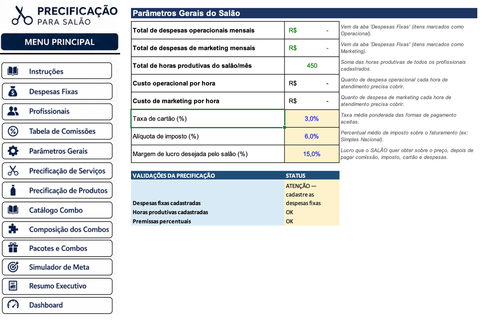 Parâmetros Gerais — Precificação para Salão e Barbearia