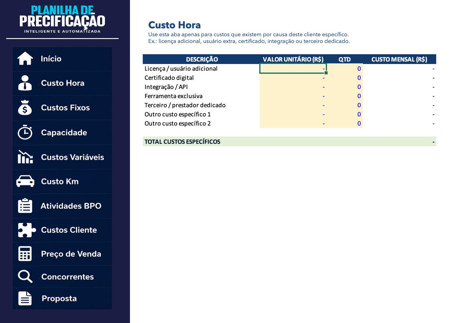 Custos Específicos — Sistema de Precificação de BPO Financeiro