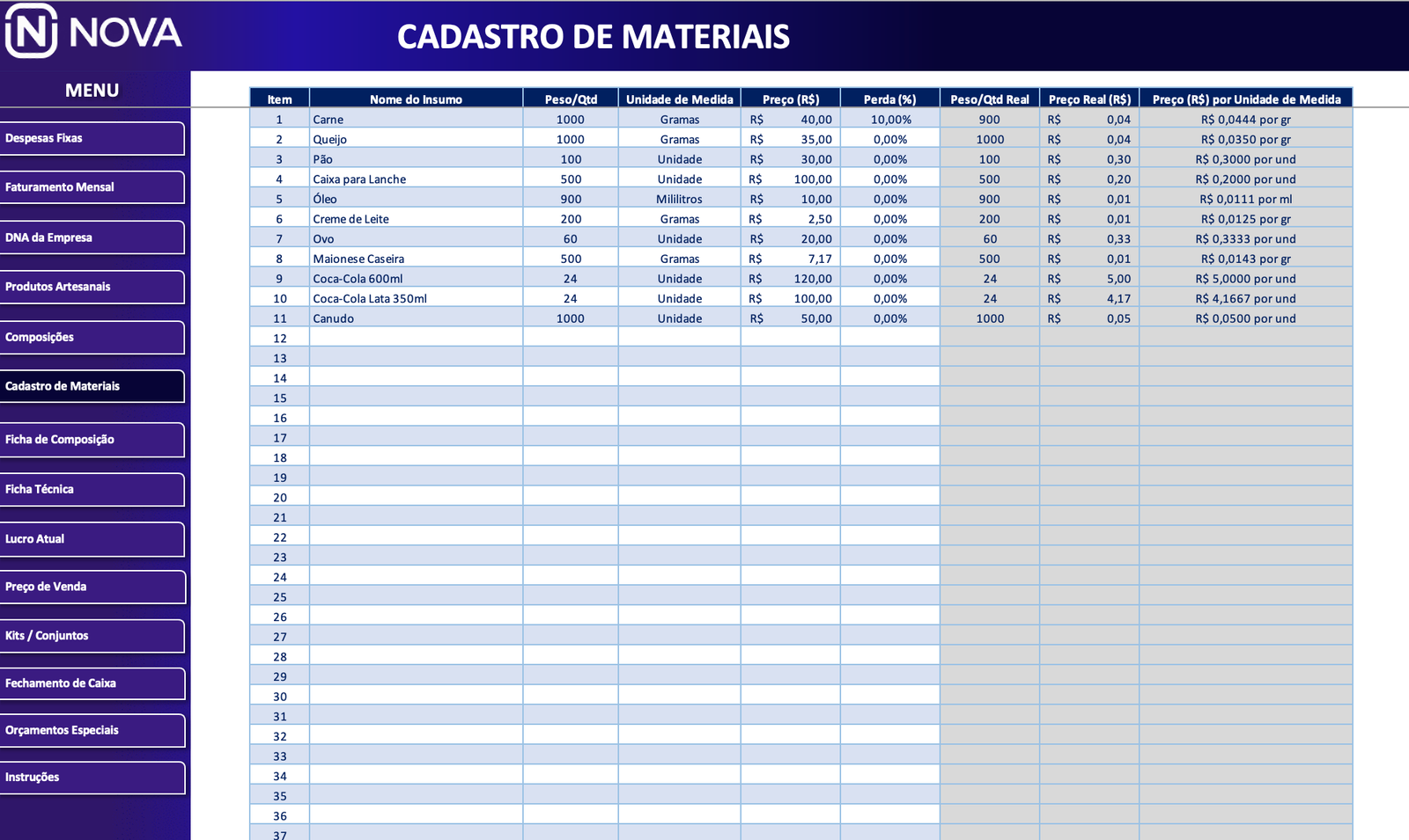 Materiais / Matérias-Primas — PrecificaPro