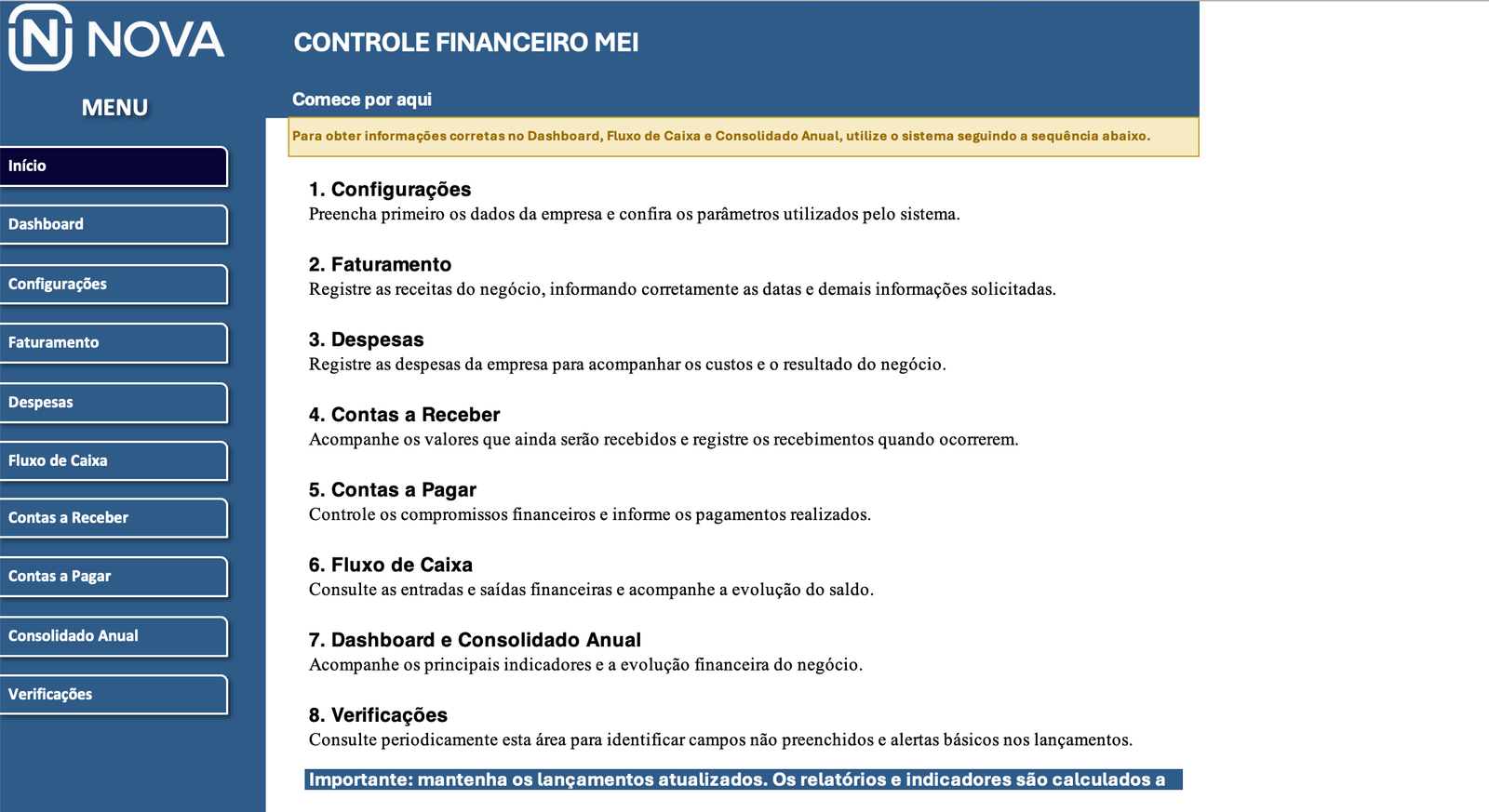 Início e orientações — Sistema Financeiro MEI