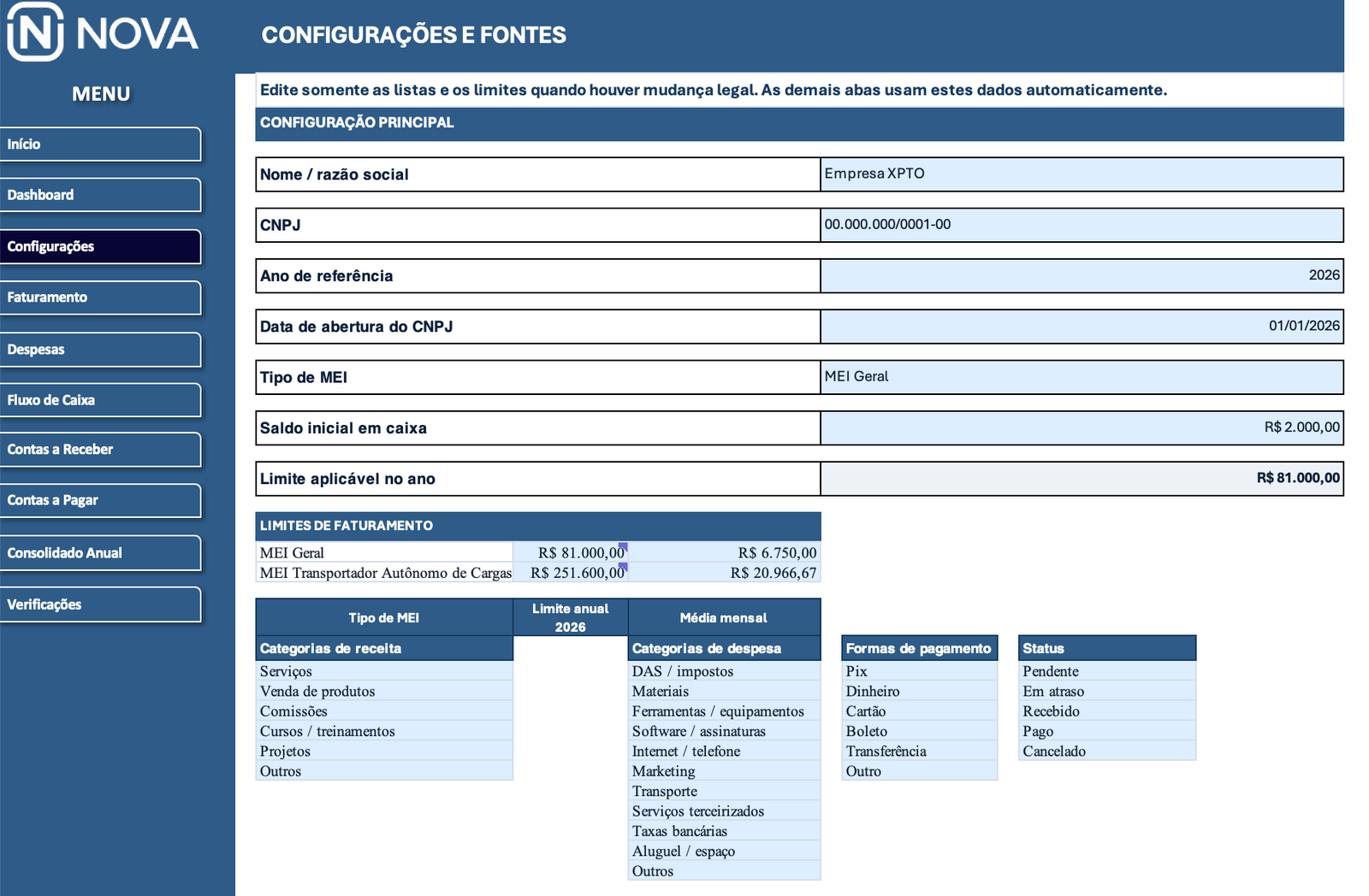 Configurações e Fontes — Sistema Financeiro MEI